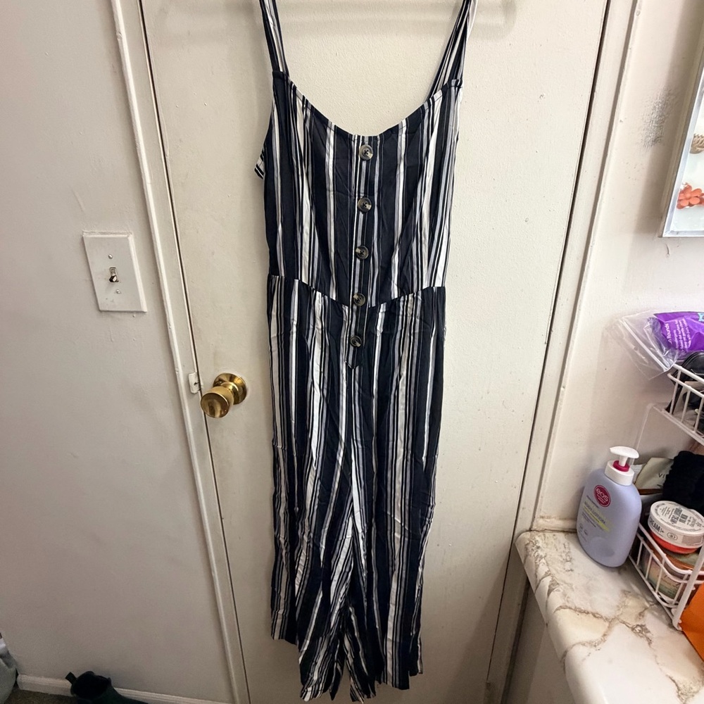 Striped Button-Down Ankle Length Pants Romper